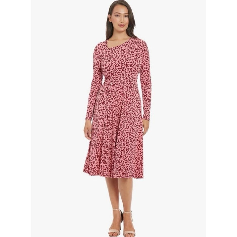 Maggy London Kire Dress Womens 4 Blush Red Flare Long Sleeve Modest Elegance NWT